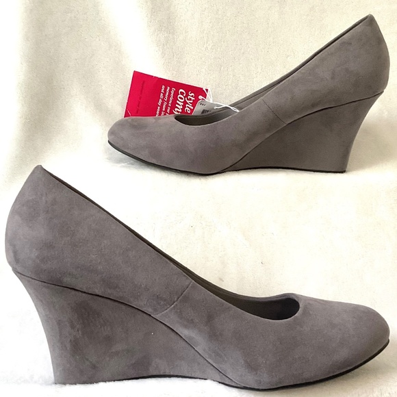 GRAY DEXFLEX COMFORT SLIP ON KARLIE SUEDE OFFICE BUSINESS WEDGE HEEL SZ 10 - Picture 2 of 12